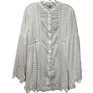 Sundance XL White Eyelet Long Sleeve Bohemian Cottagecore Minimal Blouse G4